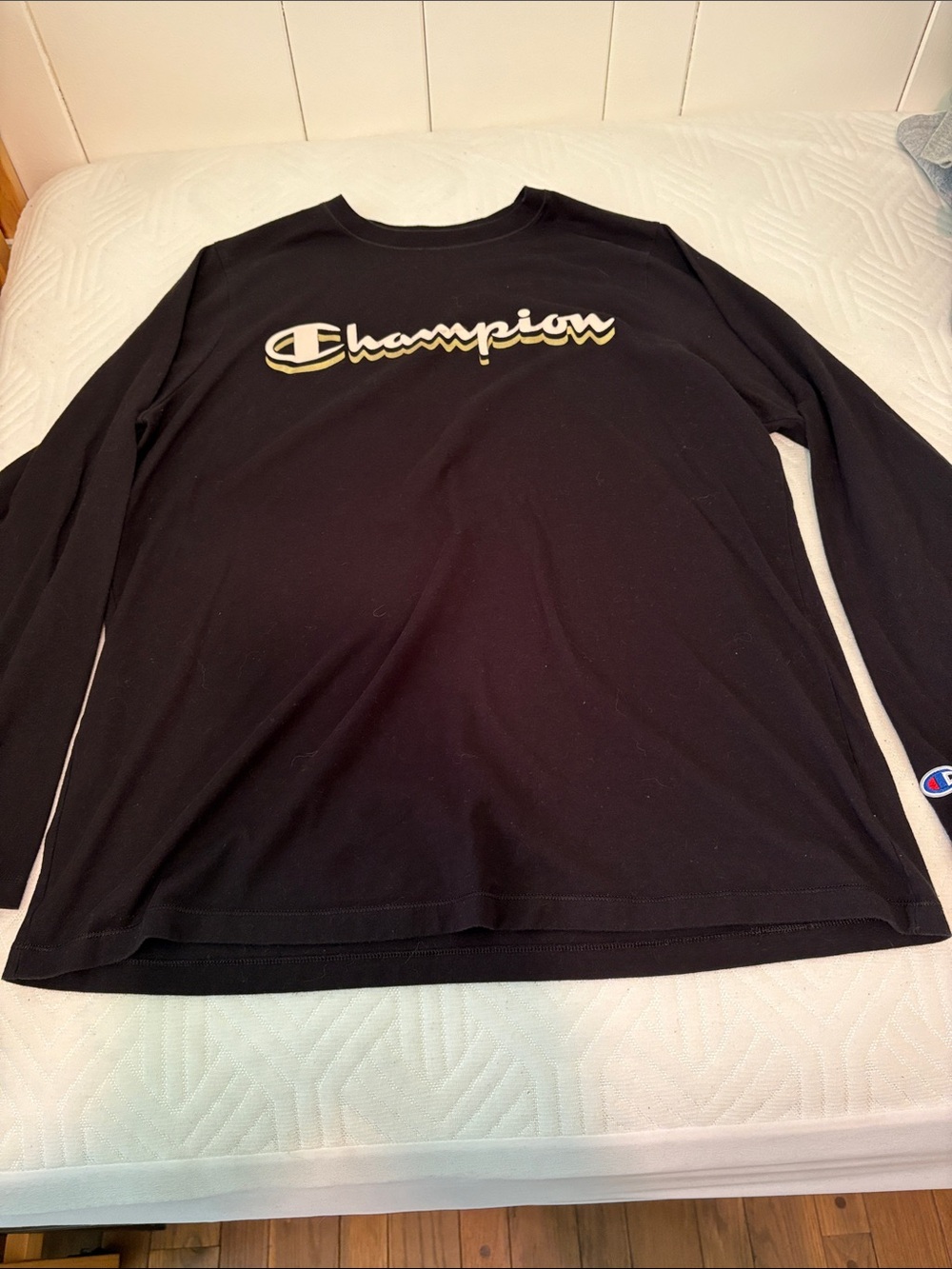 Champion Black Long Sleeve Tee with White and Gold Logo